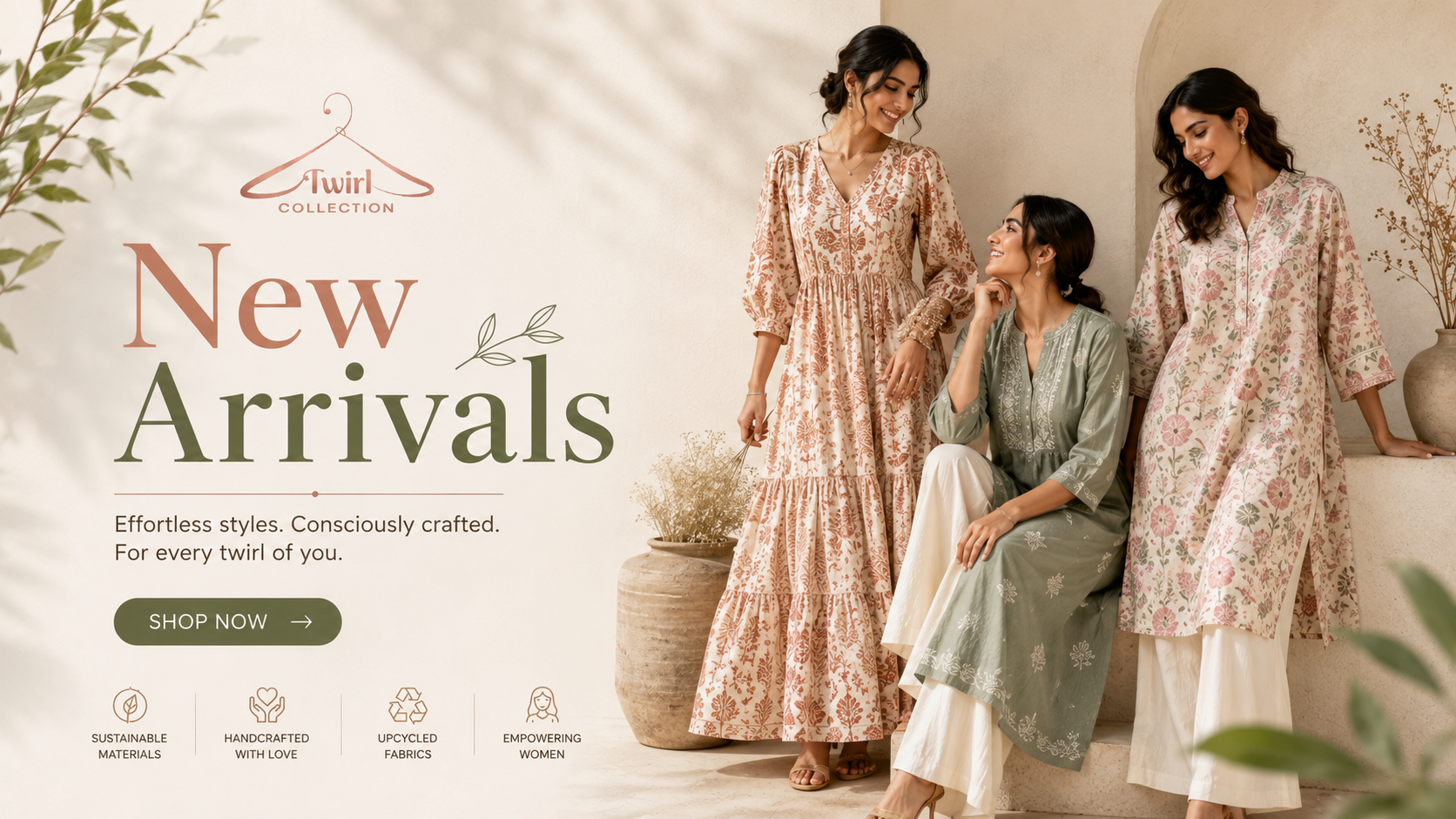 A promotional banner for 'twil COLLECTION' featuring three women modeling floral and patterned traditional outfits in a warm, styled indoor setting. The left side contains text reading 'New Arrivals' with a 'SHOP NOW' button and feature icons.